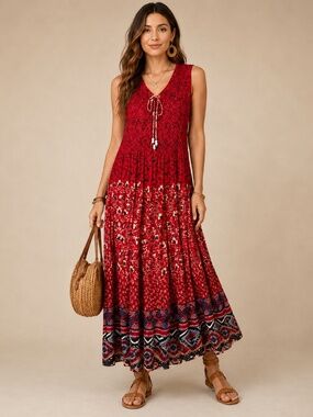 PaPa Vancouver - Red Boho Smocked Bodice Maxi Summer Dress -SzM